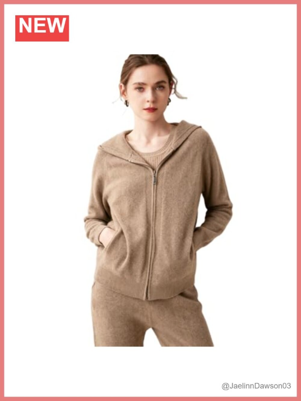 100% Cashmere Zip Hoodie Long Sleeve Fall Winter Women's
